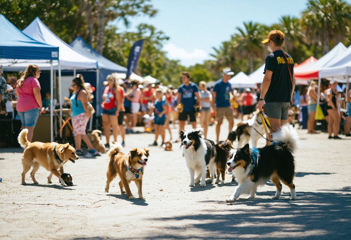 Lively pet festival with dogs, owners, colorful booths, and stage.