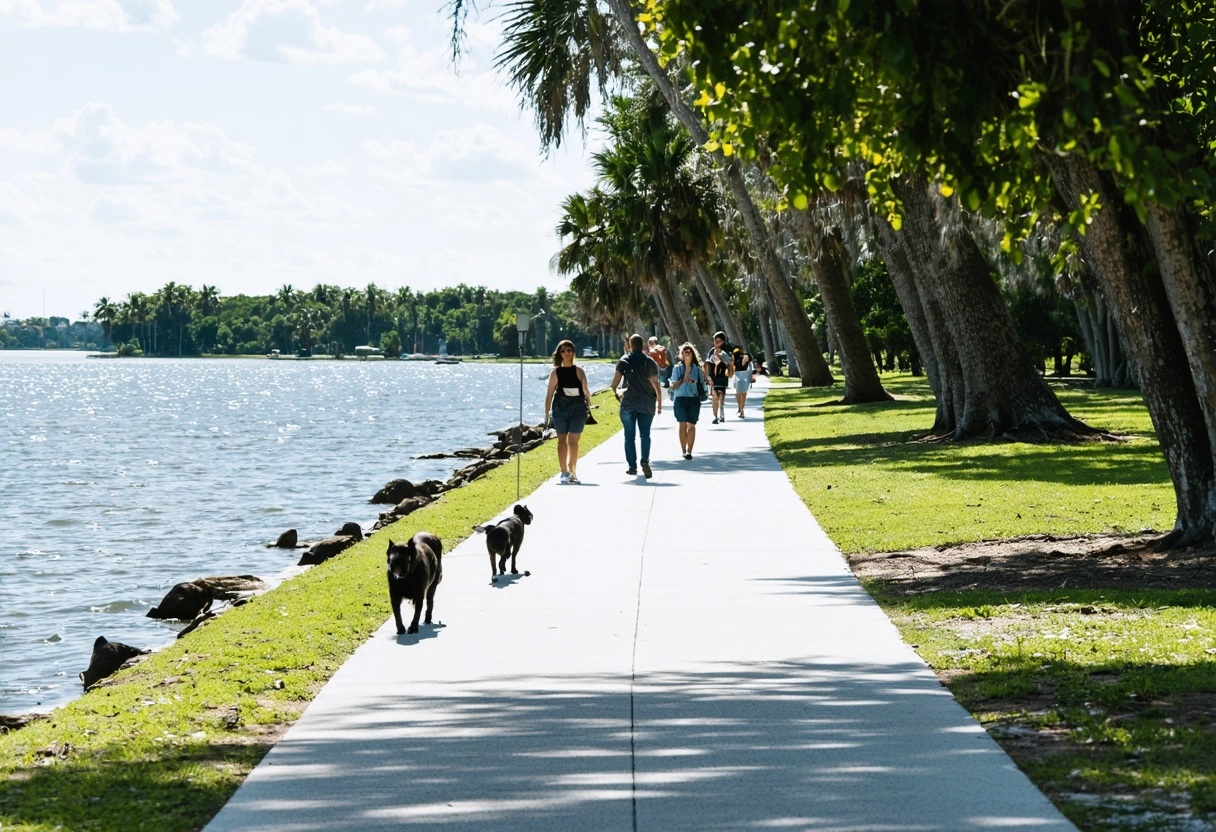 People walking dogs in Gilchrist Park by Charlotte Harbor.