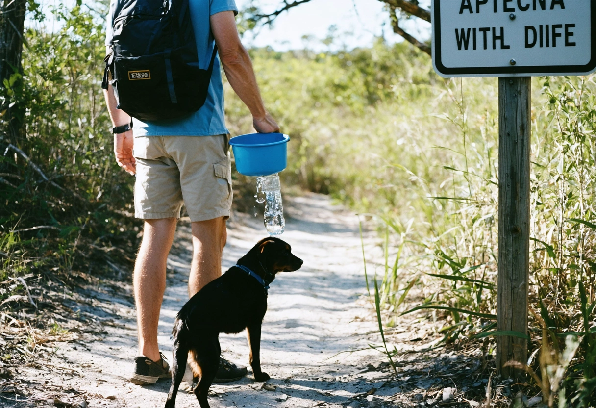 Person offering water to dog on sunny trail, wildlife sign nearby.