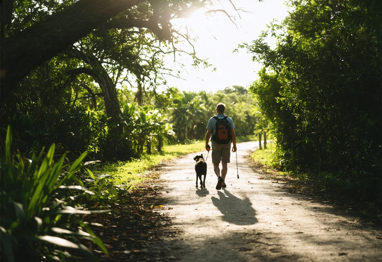 Person walking dog on scenic Punta Gorda trail, lush greenery, clear skies, morning tranquility.