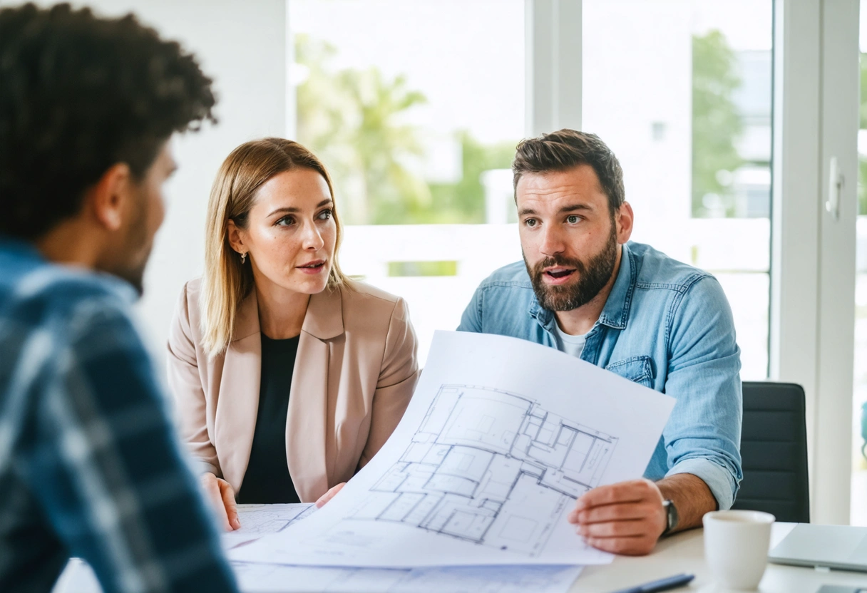 A tenant and landlord discussing in a modern Florida apartment. Bright interior, focused on collaboration