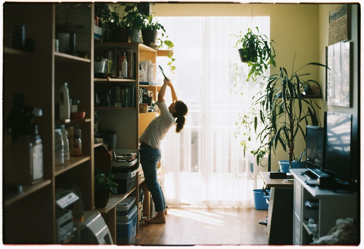 A tidy Florida apartment with a person dusting shelves. Daylight, organized space with natural cleaning
