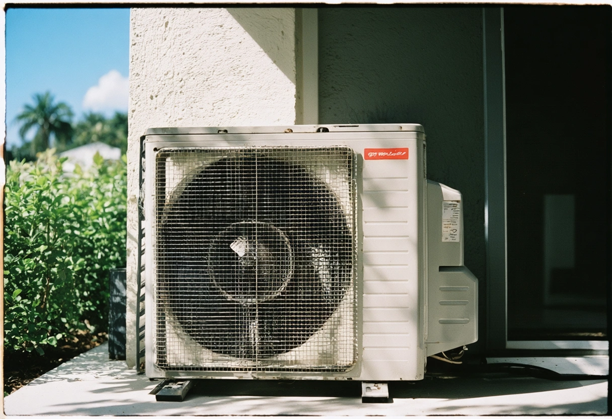 Air conditioner in Punta Gorda apartment, surrounded by greenery under clear blue sky.