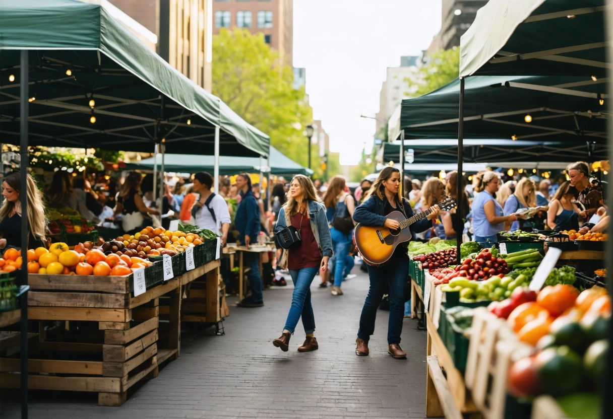 Farmers market downtown with fresh produce, live music, vibrant morning atmosphere