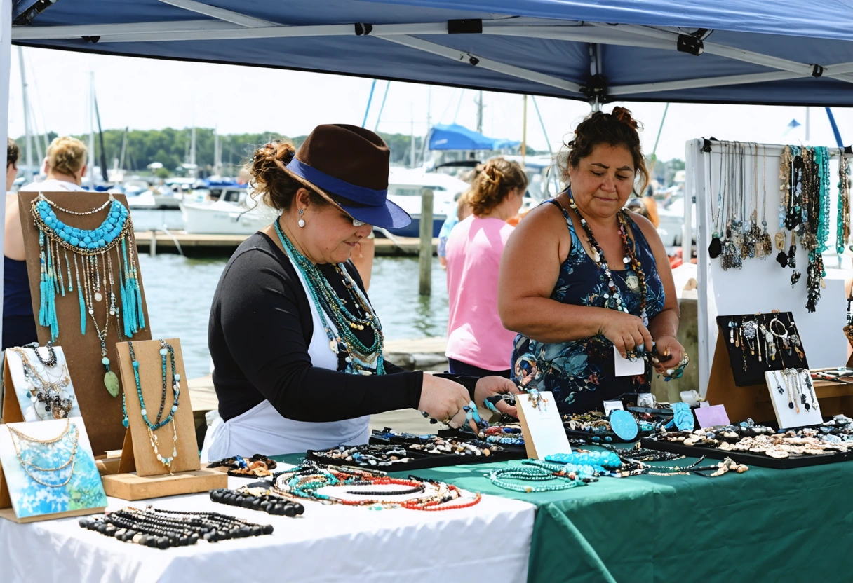 Vendors and crowd at Fishermen's Village craft fair, waterfront backdrop, sunny day
