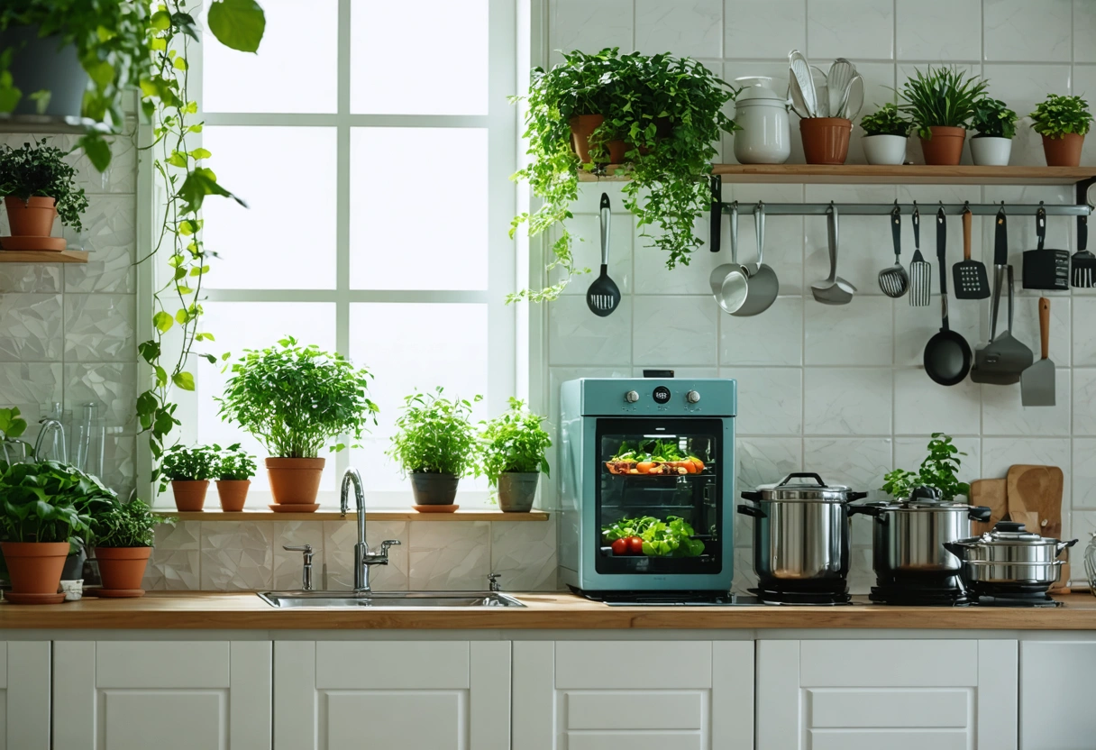 Eco-friendly kitchen with energy-efficient appliances and green plants