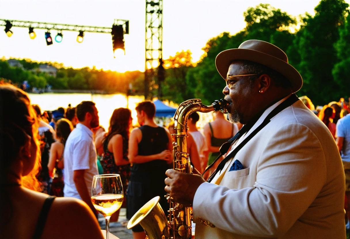 Jazz festival by Peace River at sunset, elegant crowd, saxophonist performing, warm atmosphere.