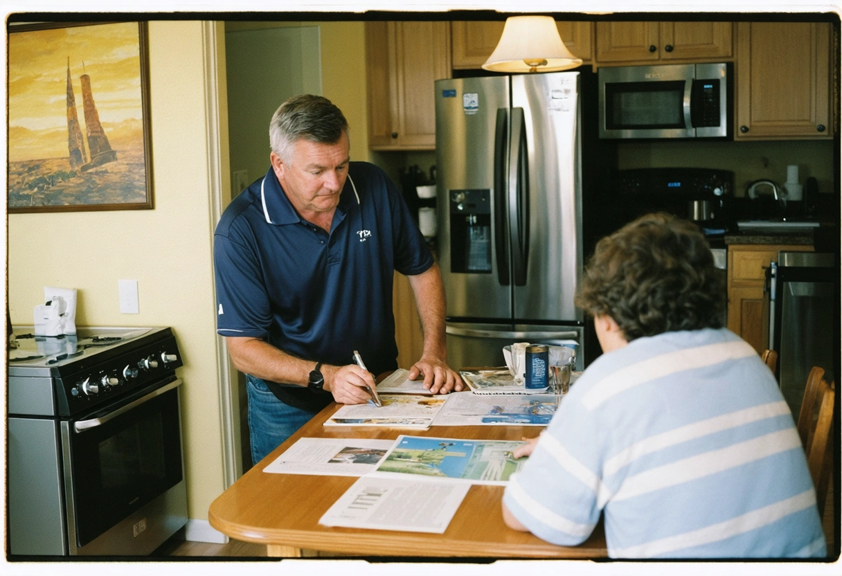 Landlord and tenant discussing appliance care with manuals nearby