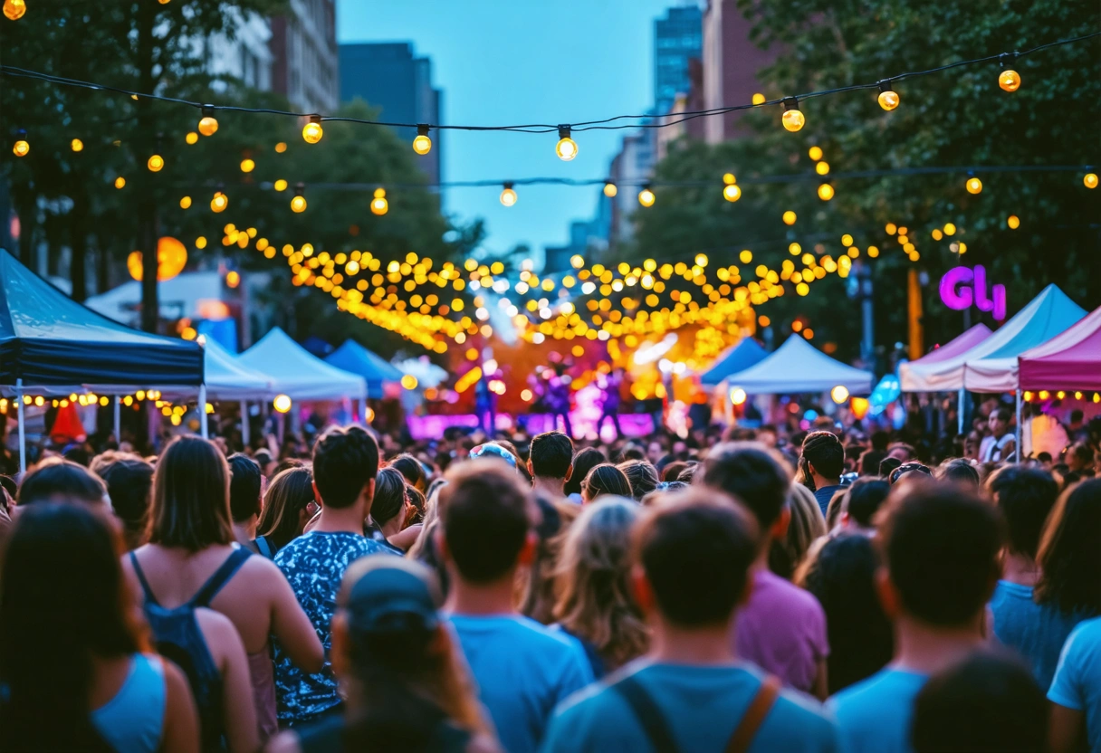 Downtown block party with live band, food stalls, colorful decorations, evening vibe