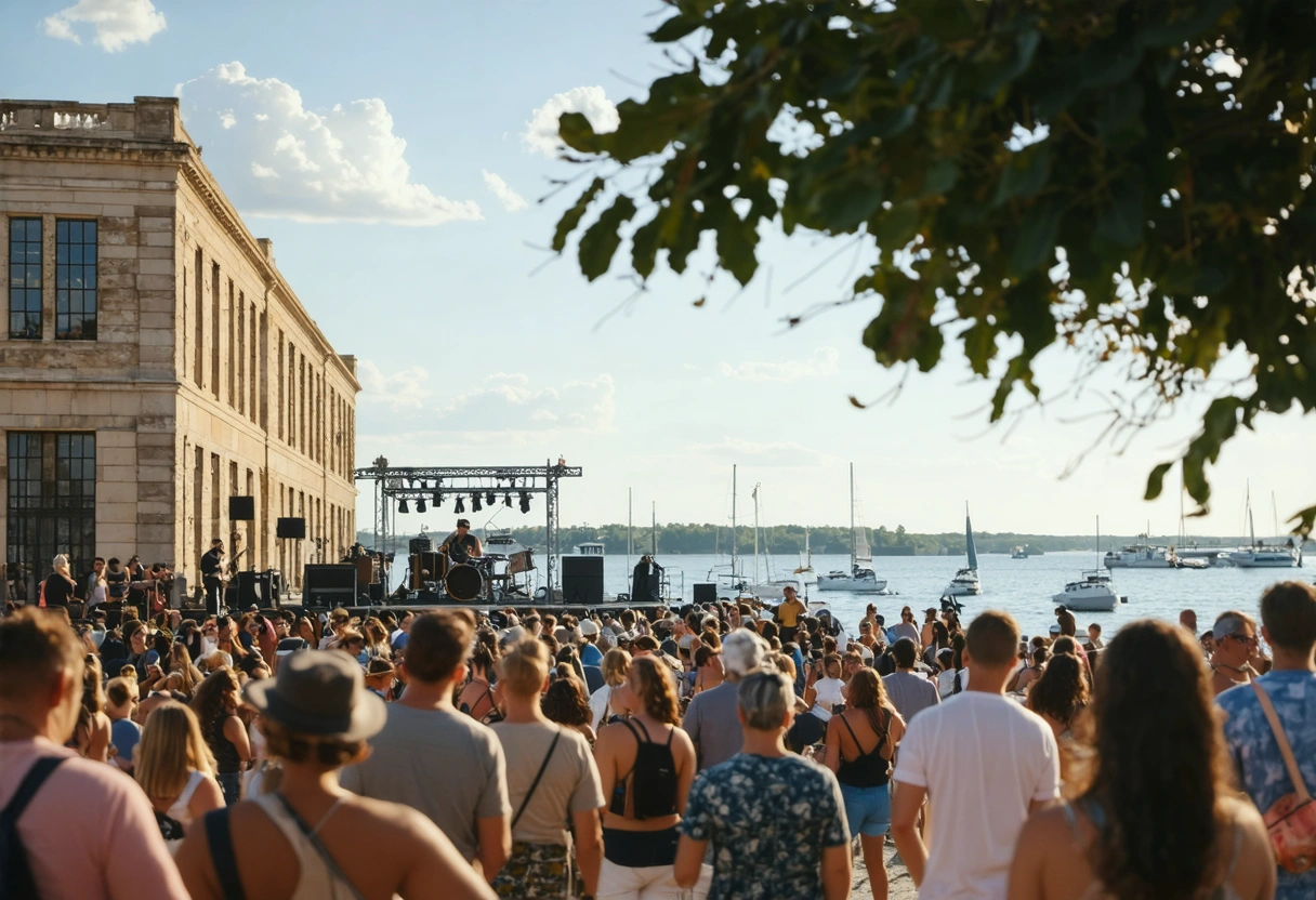 Diverse crowd at Punta Gorda event, enjoying music, crafts, historical architecture