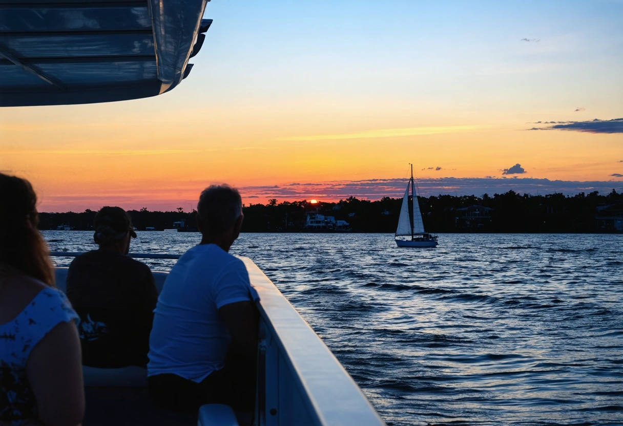 Passengers on deck during Charlotte Harbor sunset cruise, sailboat silhouette, calm evening