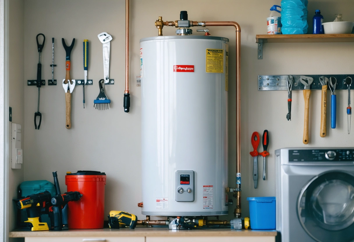 Water heater and maintenance tools in Punta Gorda utility room